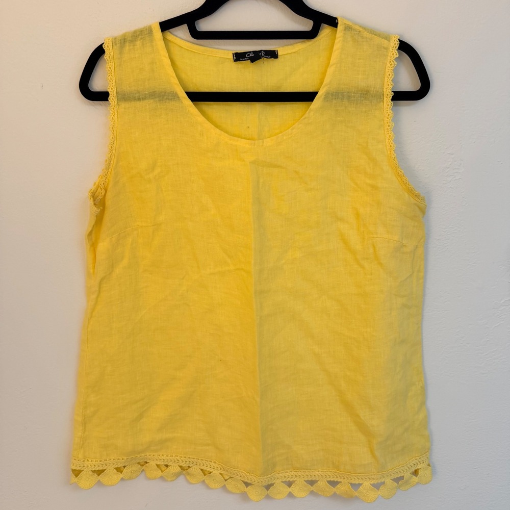 Charlie B Womens M Yellow 100% Linen Sleeveless Lace Hem Top Made‎ in Italy Boho